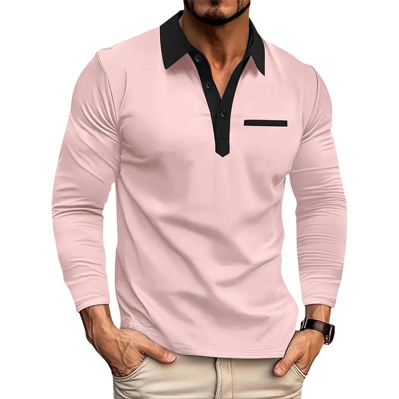 Spring Autumn Men's Polo Shirt Long Sleeve Turn Down Collar Fashion Patchwork Polos Men