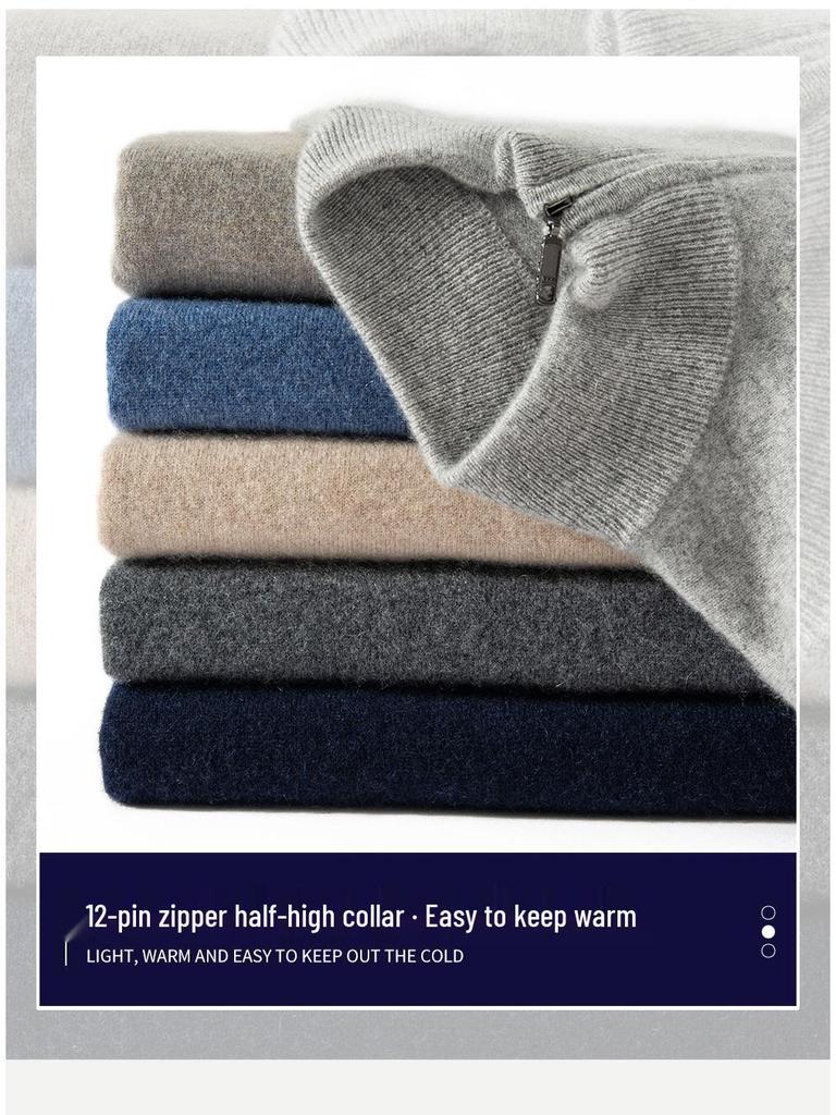 Eleganter Herren-Halbreißverschluss-Kaschmirpullover, einfarbige Strickware mit Stehkragen, Business Casual Pullover