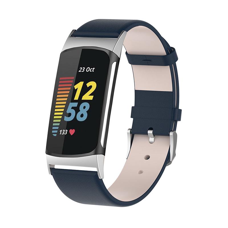 

Quick Release Genuine Leather Smart Watch Band Wrist Strap for Fitbit Charge 5 Dark Blue