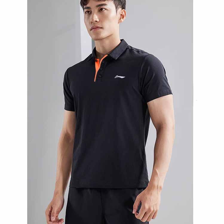 Li-Ning Solid Color Logo Embroidered Stand Collar Short Sleeve Polo Shirt Men Polo Shirts Black YPLT023-1