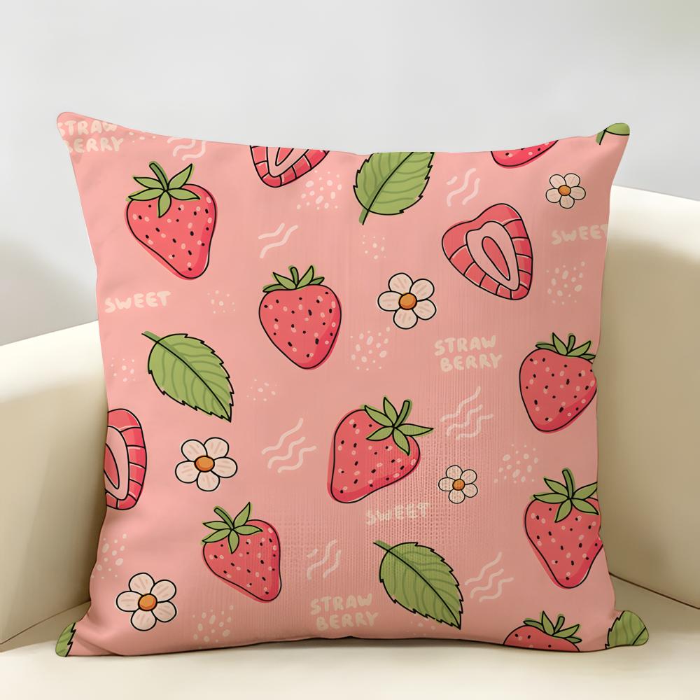 Cute Strawberry Girl Pink Cushion Cover Natural Linen Organic Fabric DoubleSided Printing Room Sofa Decor Pillow Case