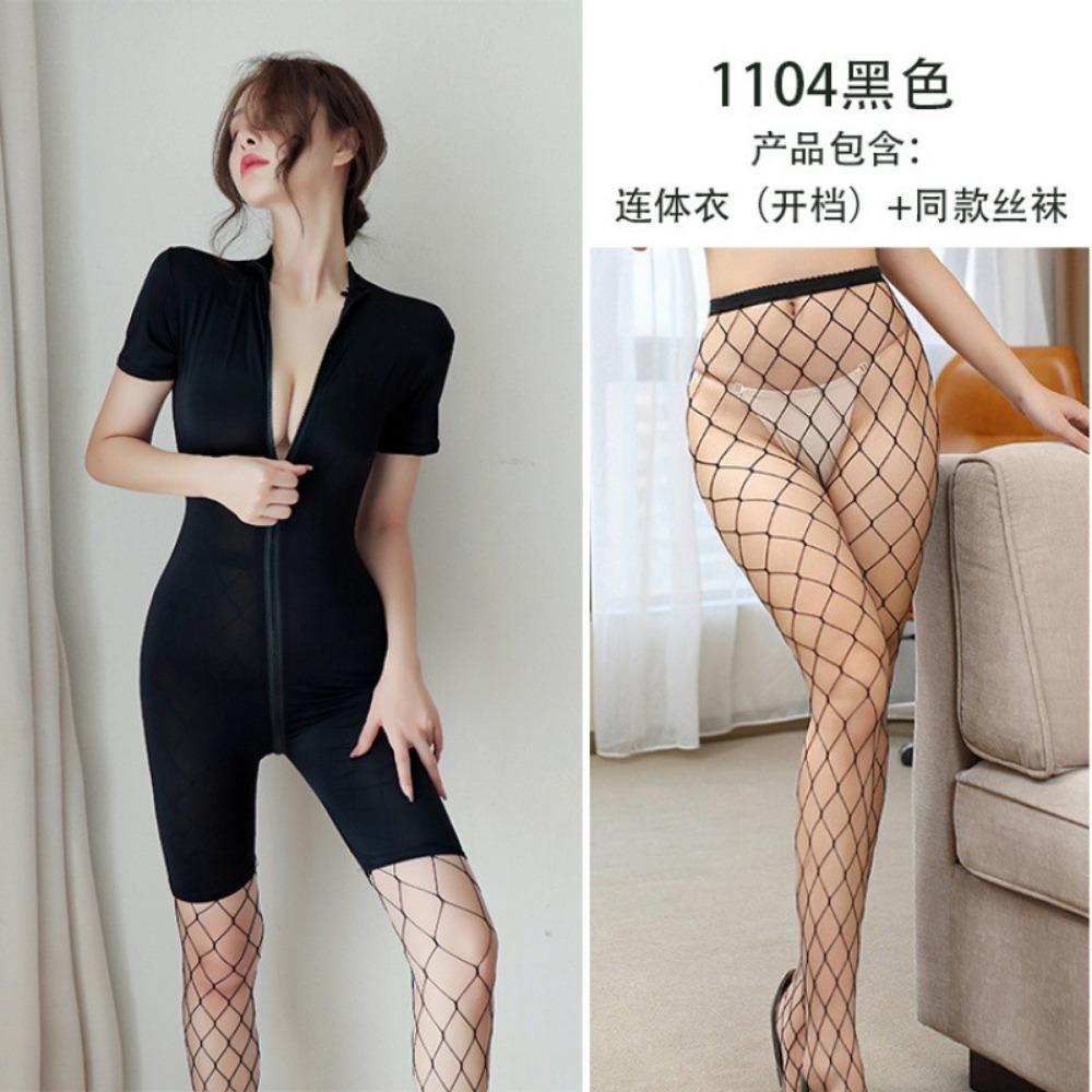 Sex Underwear Women's Sexy Silky Swimming Cloth Zipper Short Sleeve Open Gear Free Sexy Onesie Set One Piece with Hair