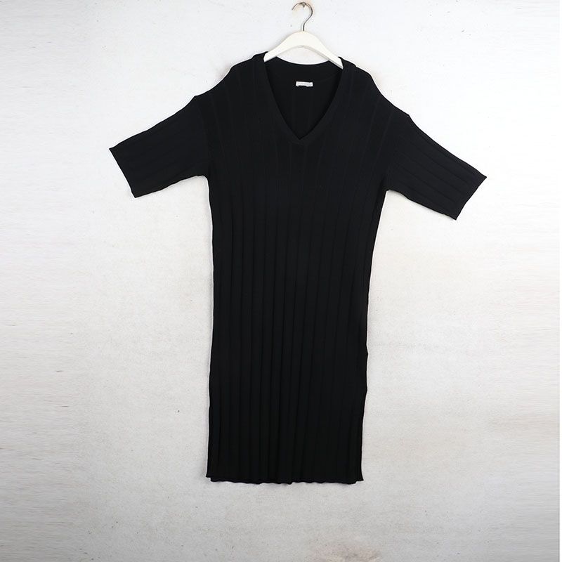 Sunshine House Summer and Autumn New Export European and American Women's Clothing V Neck Sunken Stripe Stretch Short Sleeve Knitting Dress Sweater