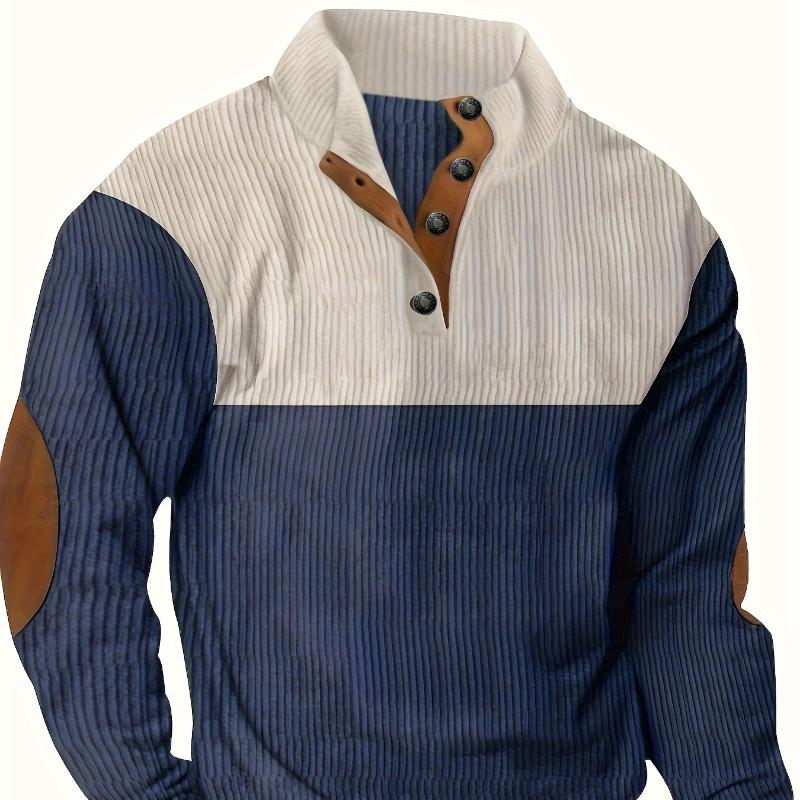 Übergröße Herbst und Winter Herren Casual Colorblock Revers Sport V-Ausschnitt Sweatshirt Kord Stehkragen Top