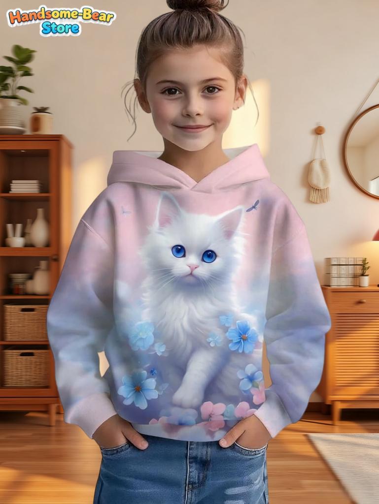 Cute Cat Print Girl Clothes Long Sleeve Sweatshirt Girl Graphic Hoodies Tops Children's Clothing Fashion 3D Print Autumn Clothes