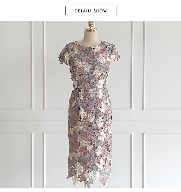 Sommer-Blumen-Spitzenkleid 2025 mit Rundhalsausschnitt - Figurbetont, Mittellang, Farbblock-Design