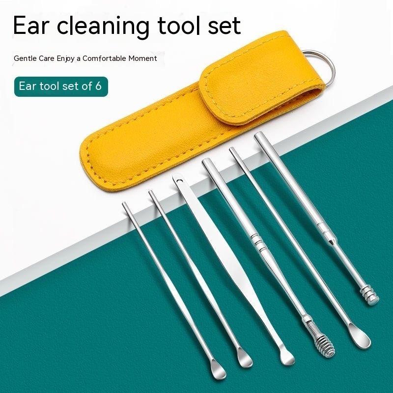 6Pcs Ear Digging Spoon Set Long Head Spiral Spring Ear Spoon Easy Clean Stainless Steel Portable Ear Care Cleaning Tools Set