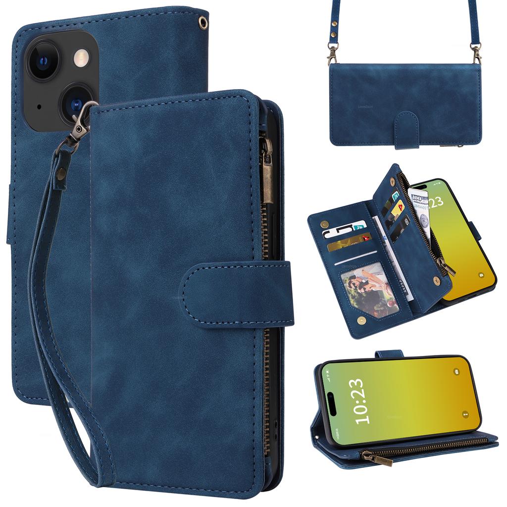 For iPhone 15 Plus Case Zipper Multi-Pocket Wallet Leather Phone Cover with Shoulder and Wrist Straps