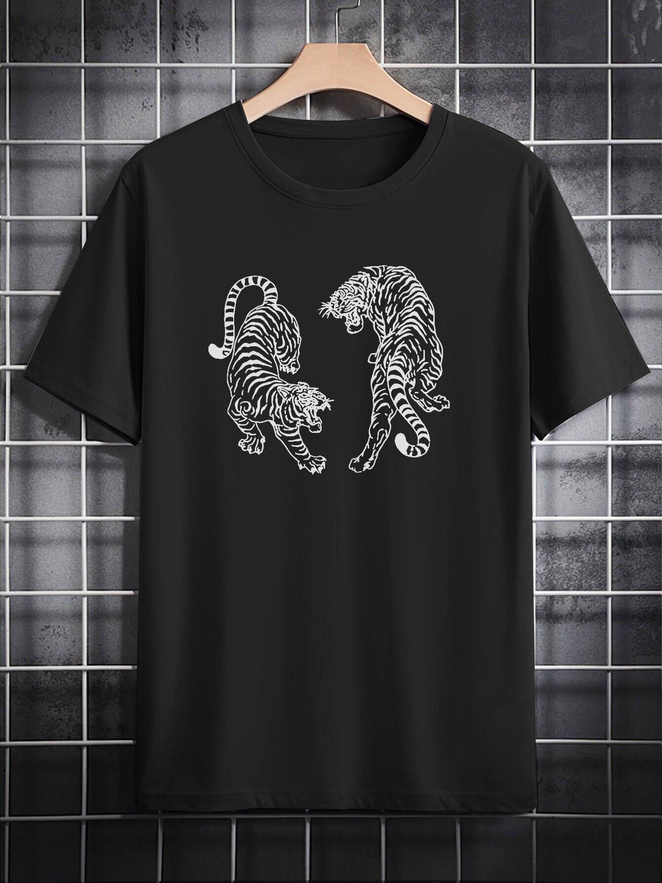 Casual Crew Neck T-shirt with Stylish Tiger Print - Soft Polyester Fabric XXXXL