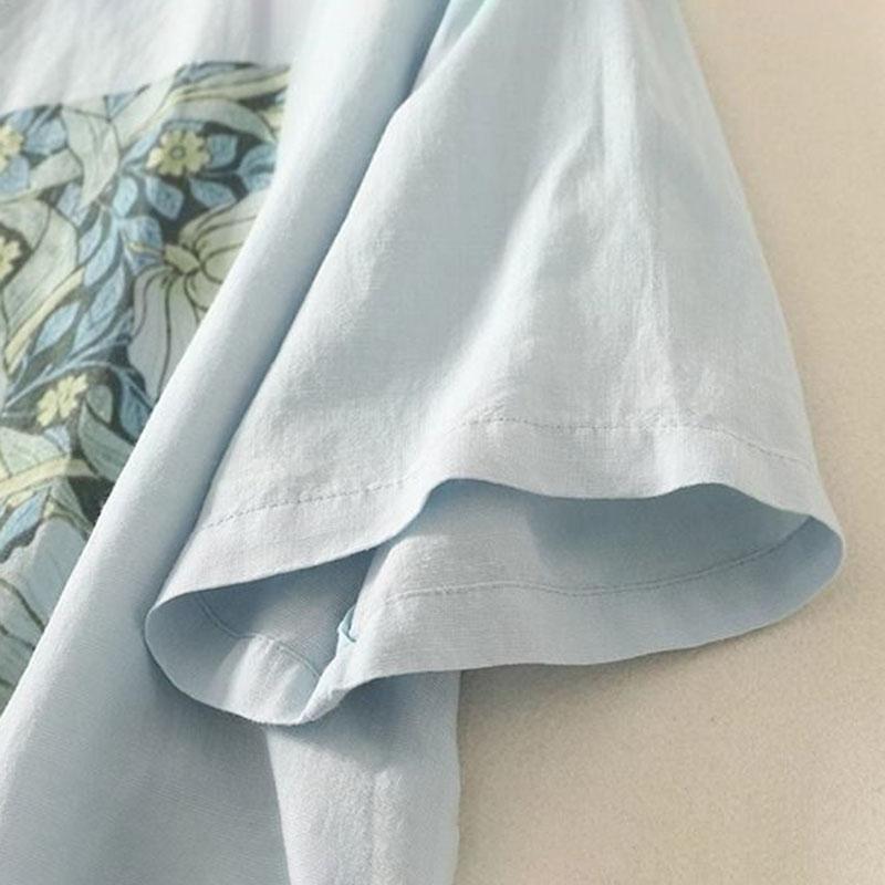 Cotton Short Sleeve T-Shirt Women Summer Hemp Printed Drawstring Loose Casual Round Neck Pullover Tops