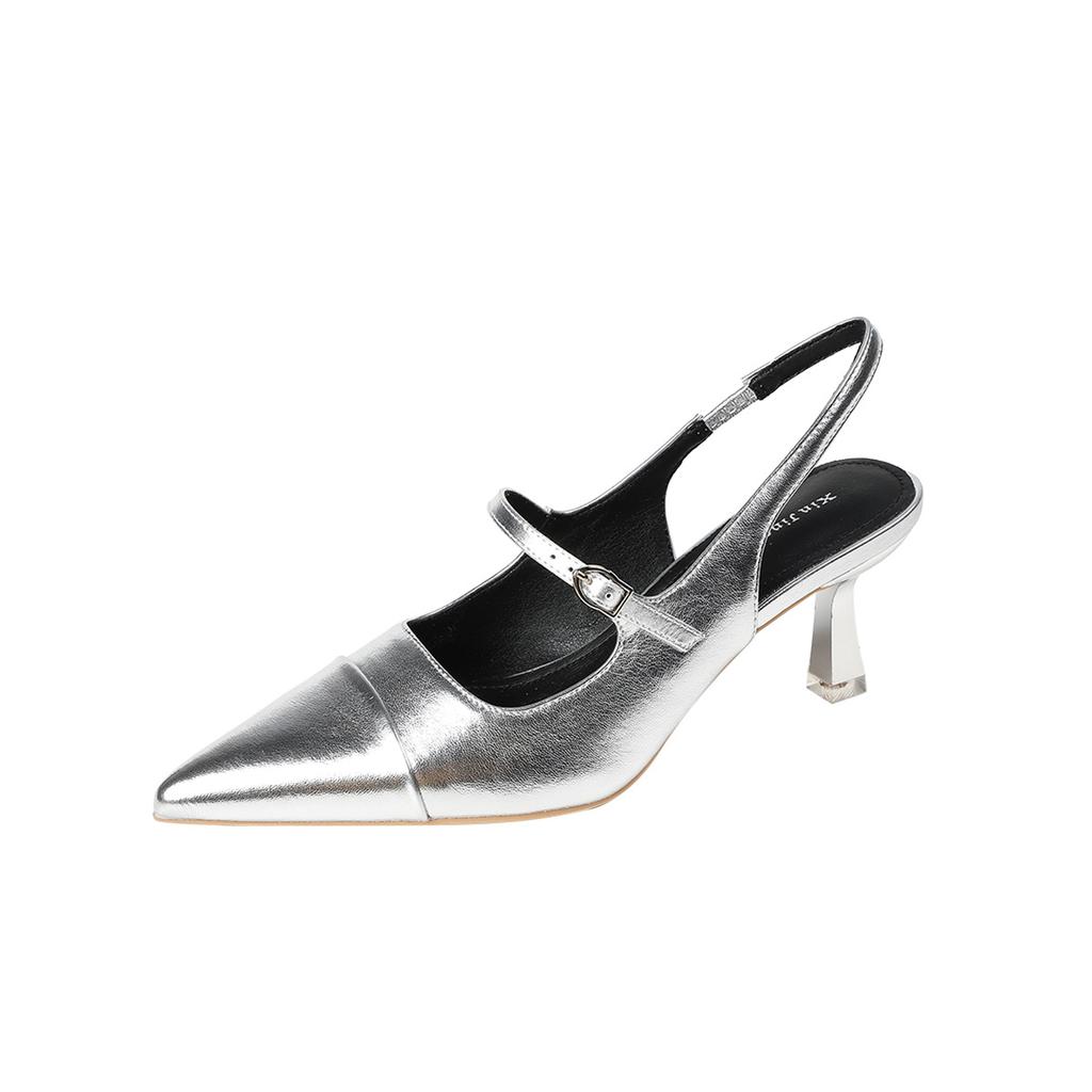 699-112 Fashion pointed head color matching light mouth high heels women's new French fairy style empty silver stiletto shoes