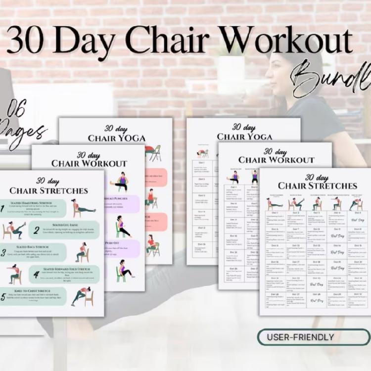 6Pcs Fitness Card Yoga Seated Postures Exercise Charts 30 Day Chair Exercises Plan Poster for Morning Sports Enduring