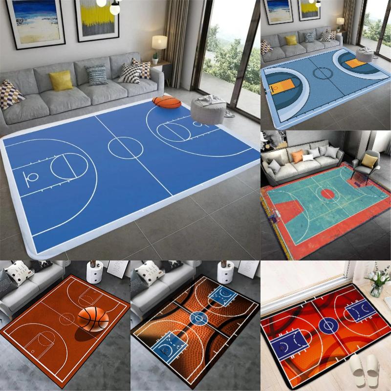 Basketballbane Design Tæppe Blå Orange Rød Farve Skridsikker Gulvmåtte til Sports Tema Værelse Boligindretning Tæppe