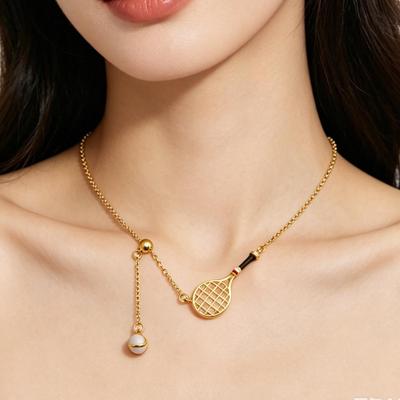 Gold Mini Tennis Racket Pendant - Adjustable Clavicle Chain