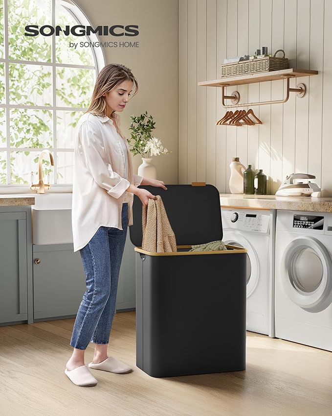 SONGMICS Laundry Basket with Lid, 3-Section Large Laundry Hamper, 150L, Removable Mesh Liner, Oxford Fabric, Bamboo Handles, Collapsible
