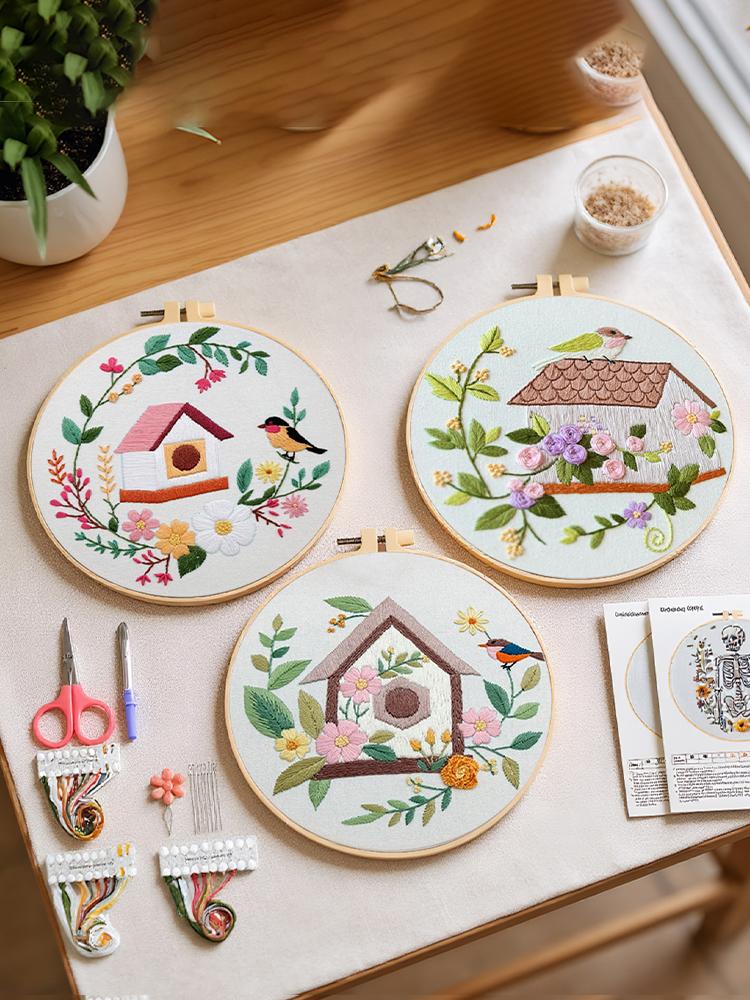 4 Pack Scenery DIY Embroidery Starter Kit with Embroidery Hoop Stitches Kit 30x30cm for Beginners Adults Hand Craft Lover Gift