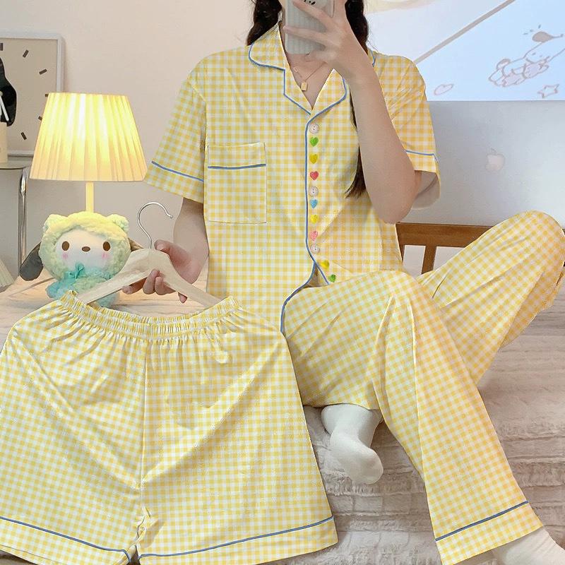 Cute Plaid Love Embroidered Pajamas Women'S Spring Summer Short-Sleeved Three-Piece Student Loungewear