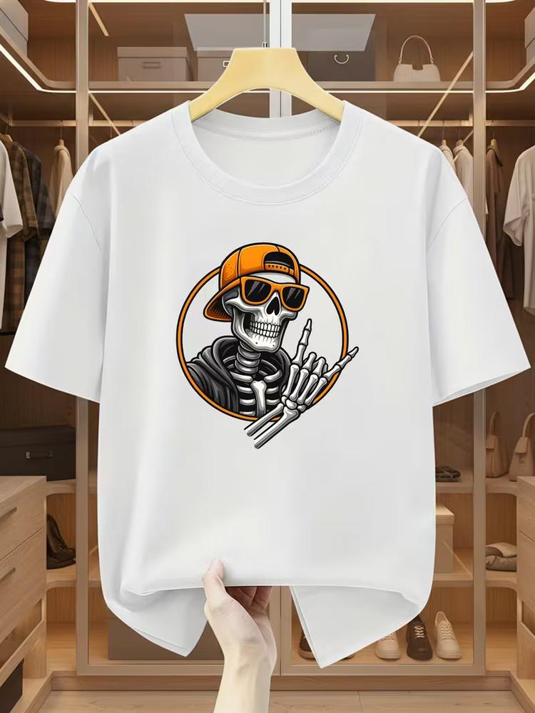 Mens skull print t shirt crew neck short sleeve hip hop casual summer tee top