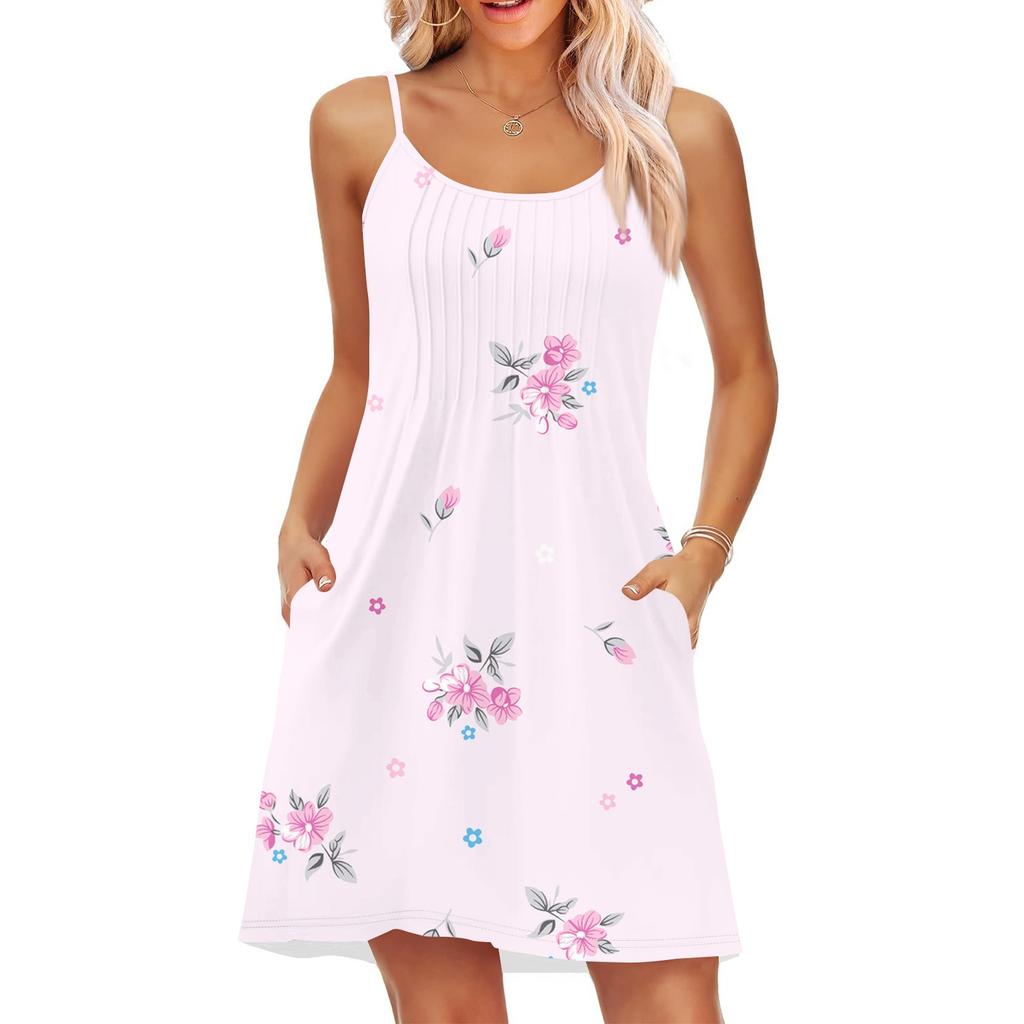 Moda Donna Abito Estivo Stampa Floreale Vintage Spalline Sottili Regolabili Vacanza al Mare Abito Casual con Tasche
