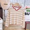 Spring 2026 Girls' Slim Fit V-Neck Striped Long Sleeve Base Layer - Versatile and Stylish