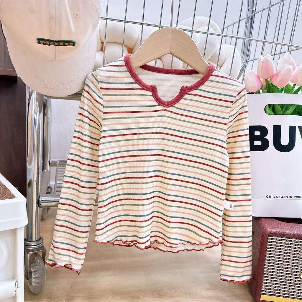 Spring 2026 Girls' Slim Fit V-Neck Striped Long Sleeve Base Layer - Versatile and Stylish