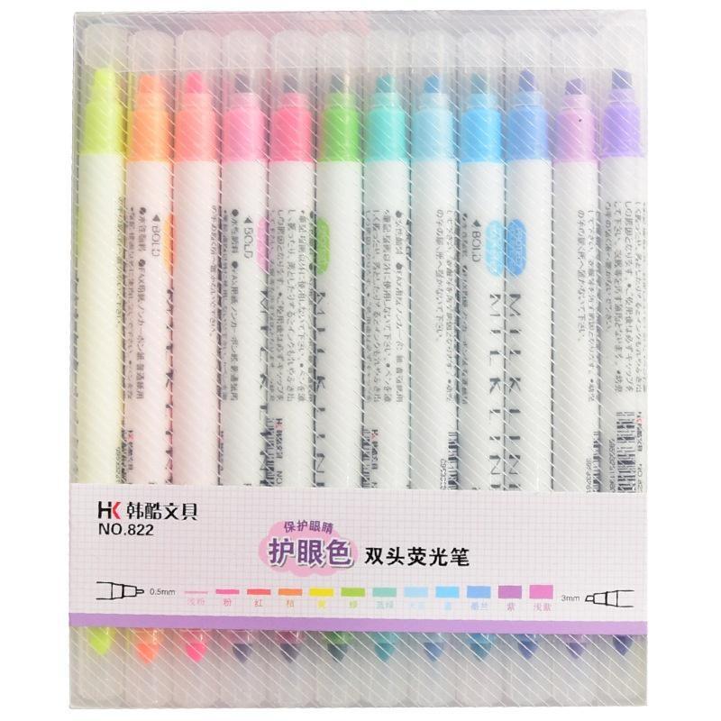12Pcs/set 12Colors Cute Double Head Fluorescent Pen Highlighters Color Marker Pen School Supplies