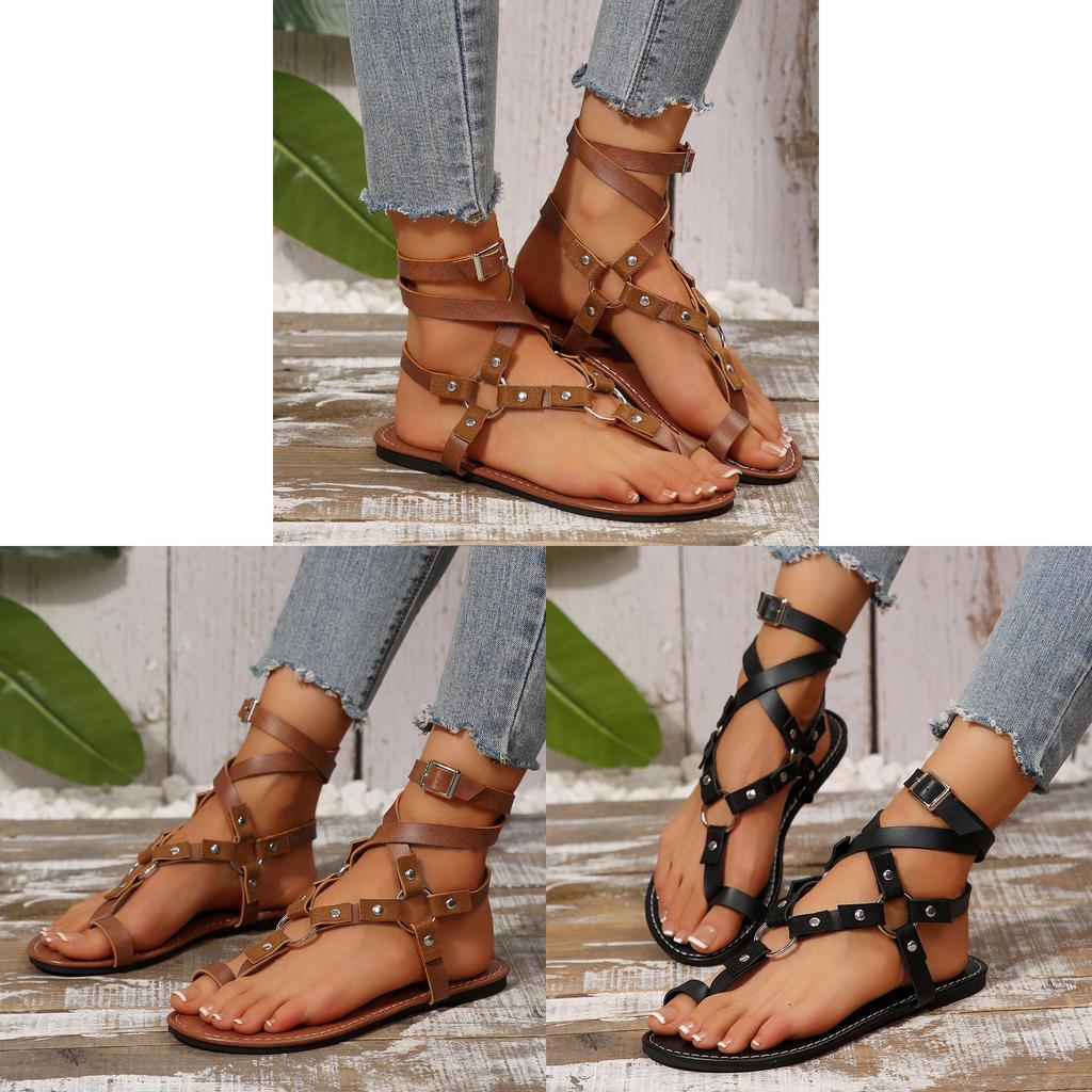 Womens Pu Strappy Sandals With Metal Buckles And Rivets For Beachwear