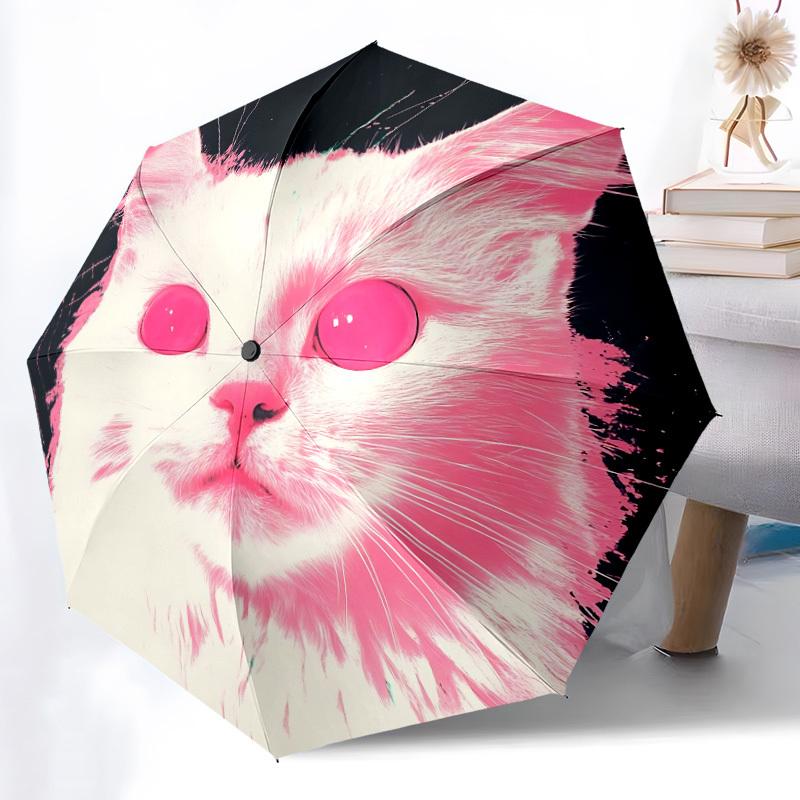 1pc Cat PinkAutomatic Folding Umbrella, Portable Collapsible Design, Casual Outdoor Accessory, for All Seasons 002