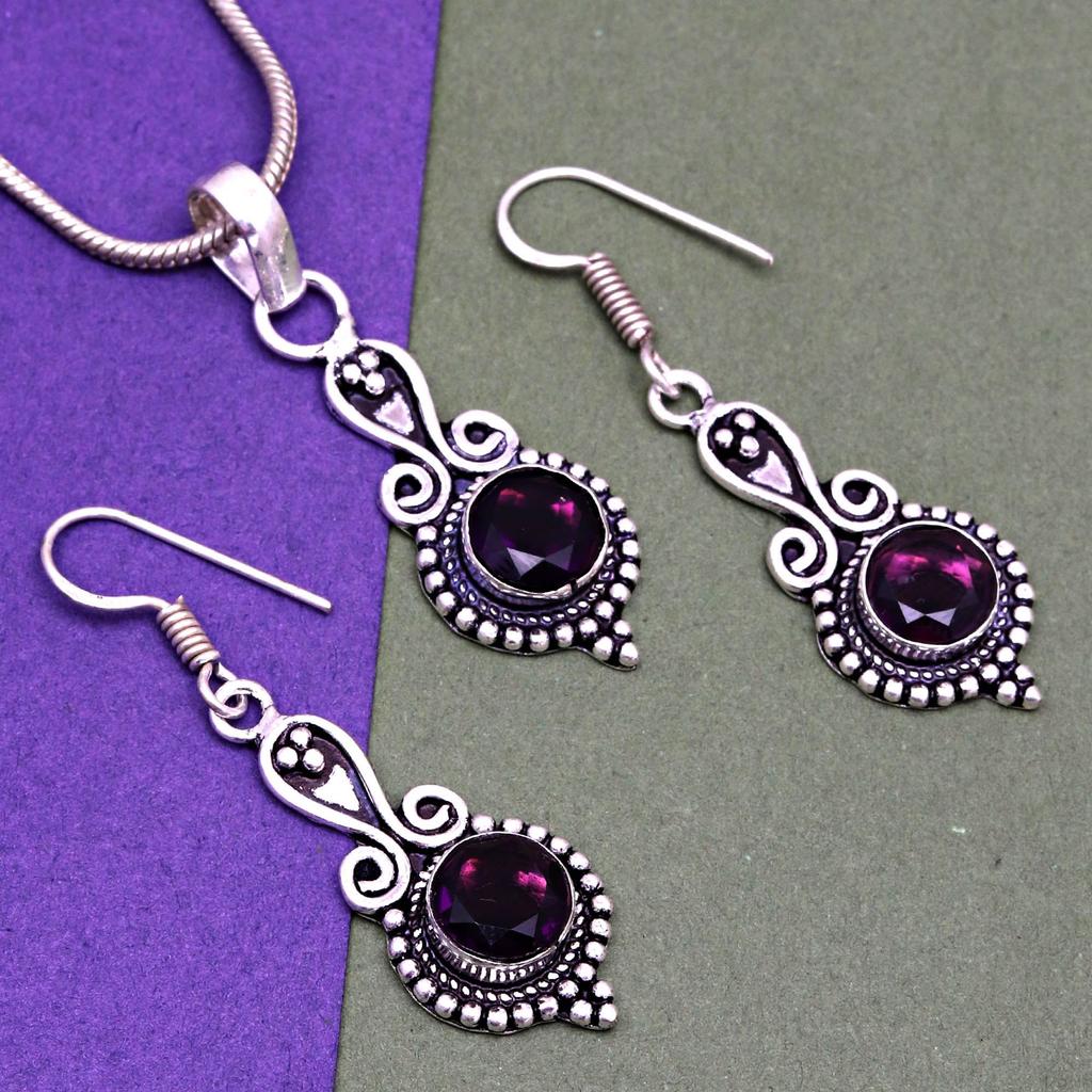 Set Amethyst Pendant Earrings Girls Earring Necklace Sterling