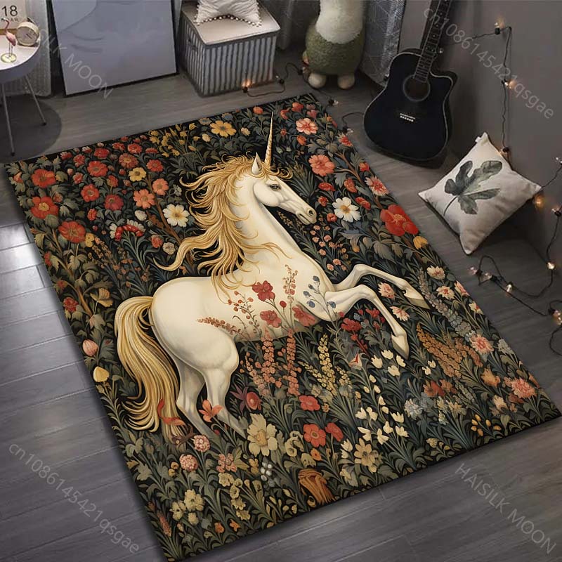

1PC Classic Print Unicorns and Flowers Carpet for Living Room Bedroom Bedside Sofa Table Floor Mat Home Area Rug Decoration 40x60cm (16x24in)