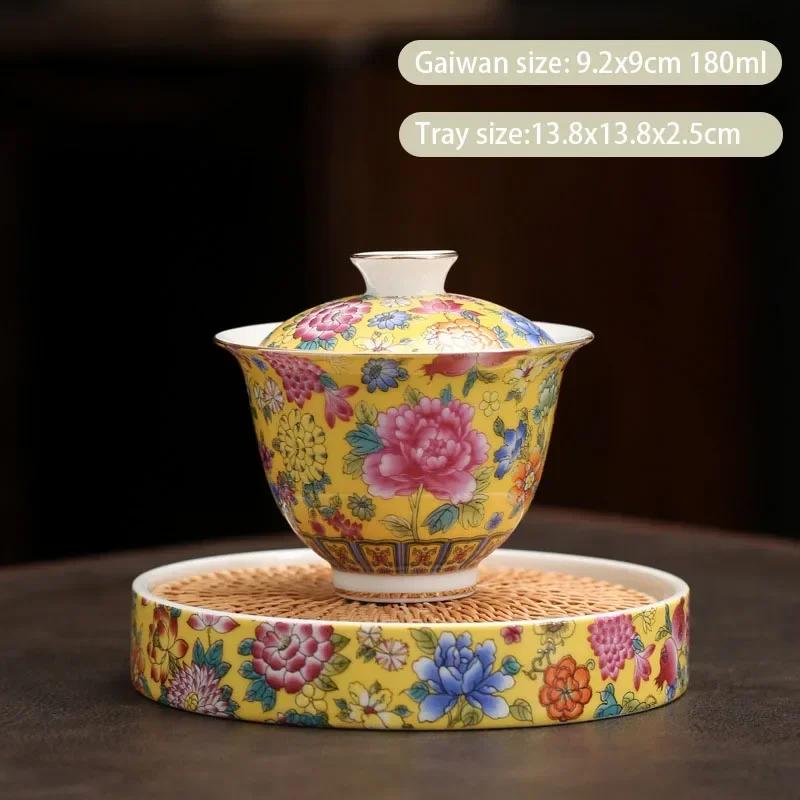 Chinese Enamel Color Ceramic Gaiwan Pot Bearing Handmade Flowers Porcelain Tea Bowl Teacup Household Tea Infuser Travel Teaware