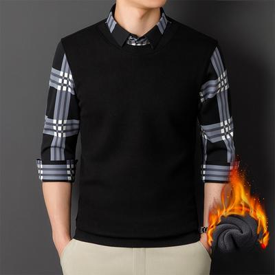 Winterhemd Warmer Pullover Fake Zweiteiler Über den Kopf ziehen Plüsch Verdickt Business Casual Nahtloses Hemd Herren