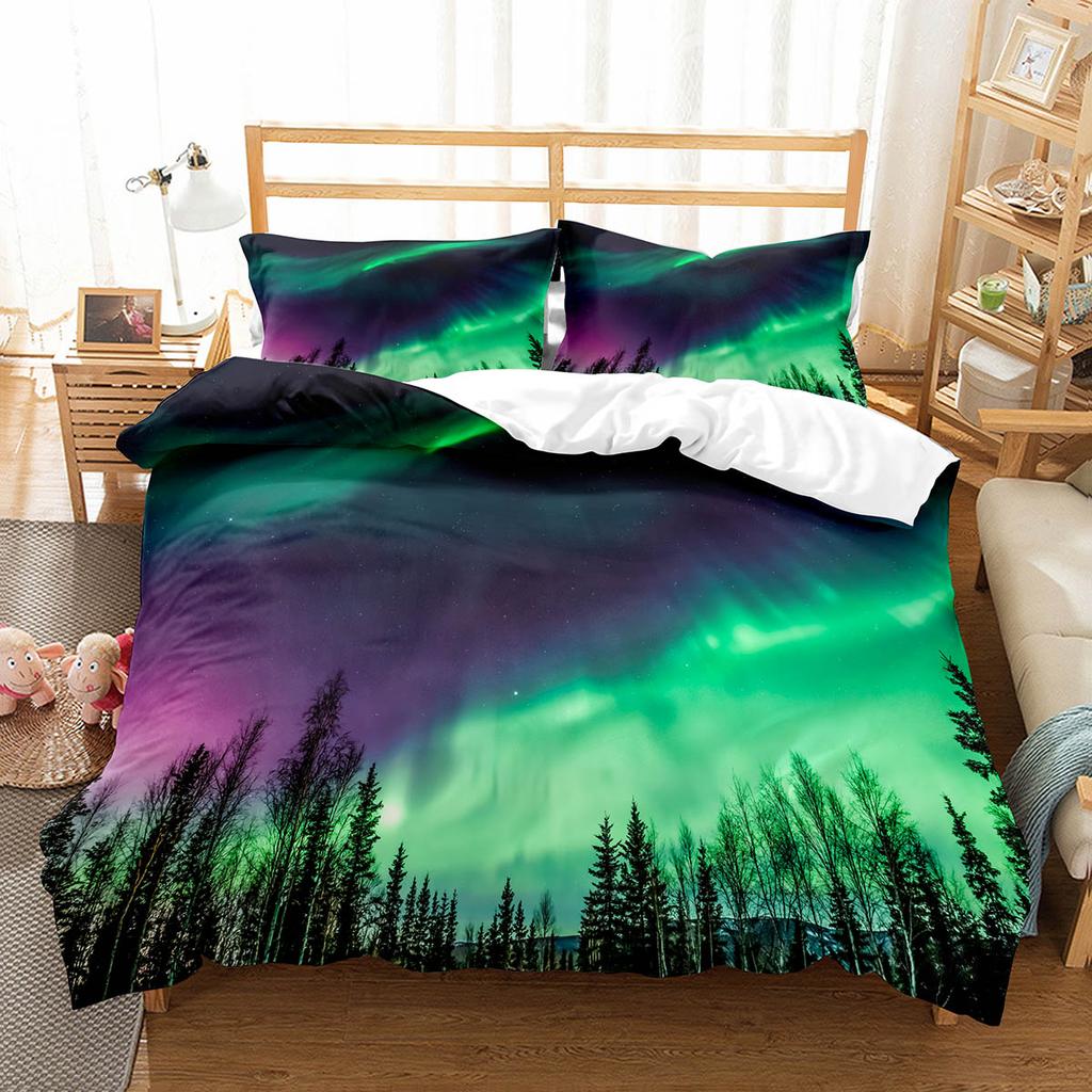 Nordlichter King Queen Bettbezug Naturlandschaft Bettwäscheset Bunter Himmelsausblick Steppdeckenbezug Polyester Bettdeckenbezug