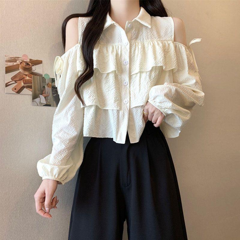 

Off Shoulder Design Women s Shirt Solid Color Ruffled Bow Famale Button Blouse New Trend Fashionable Loose Ladies Long Sleeved Top XL білий