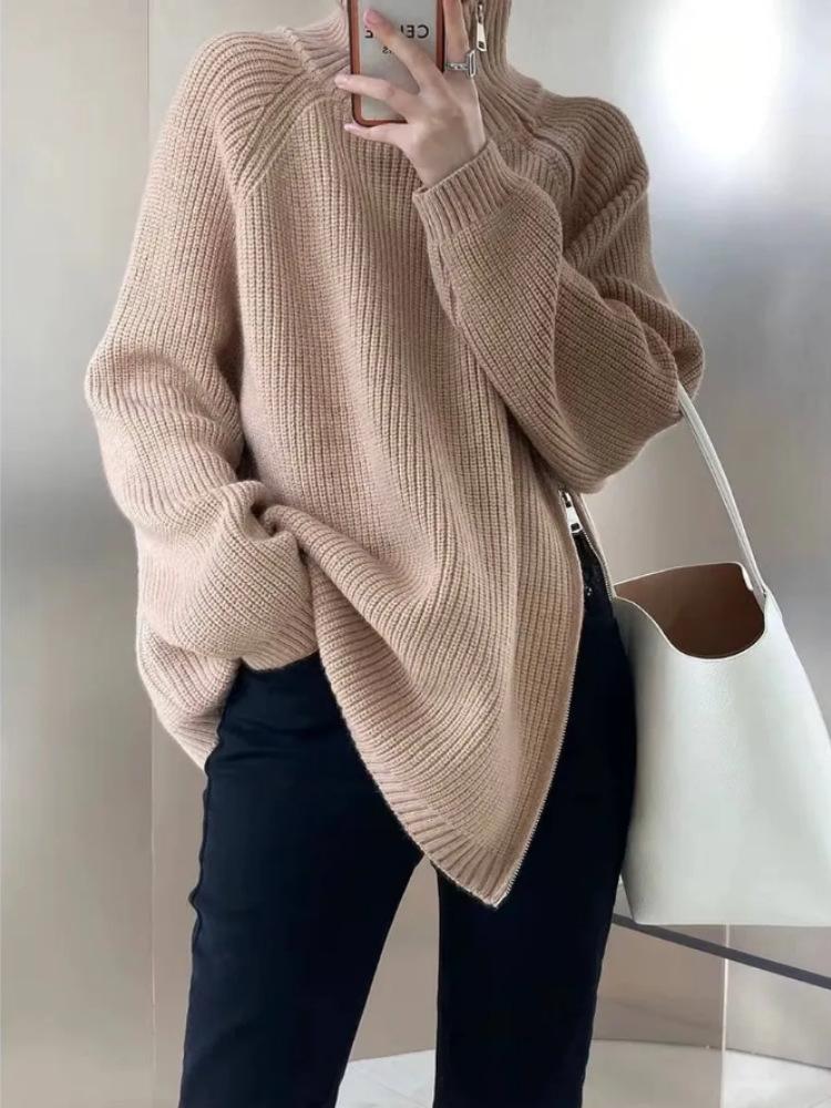 Europe, America and Russia knitted cardigan autumn and winter hot casual side zipper loose stand-up collar women's sweater jacket
