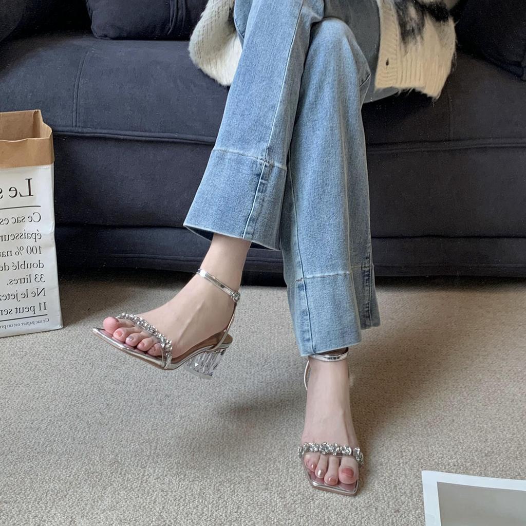 Silver beautiful high-heeled sandals women's summer rhinestone super fairy high-end thick heel with sandals