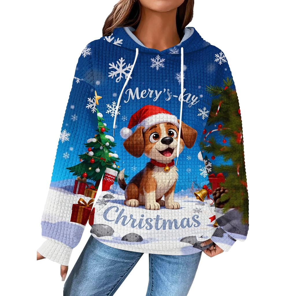 Women's Fashion Loose Hooded Pullover Long Sleeve Plaid Sweatshirt With Drawstring, Drop Shoulder, Pocket, Christmas Print Top