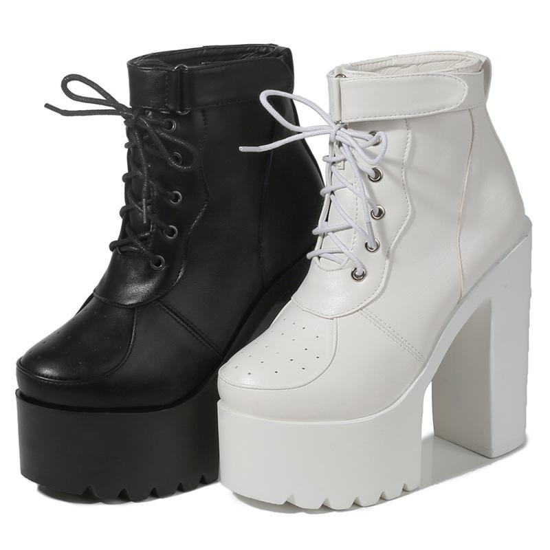 14CM Russian Hot Sales Women Shoes Thick Platform High Heel Female Ankle Boots Round Toe Lace Up Zipper Motorcycle Boots
