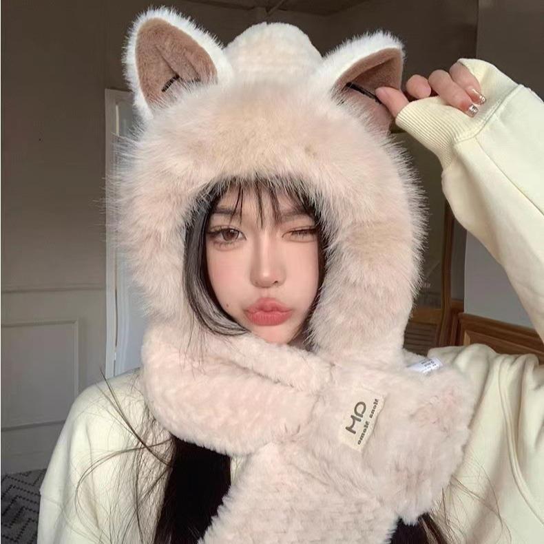 Autumn and Winter Cycling Warm and Versatile Ear Protection Cute Furry Fox Ear Hat Looks Small Two-piece Lei Feng Hat Set
