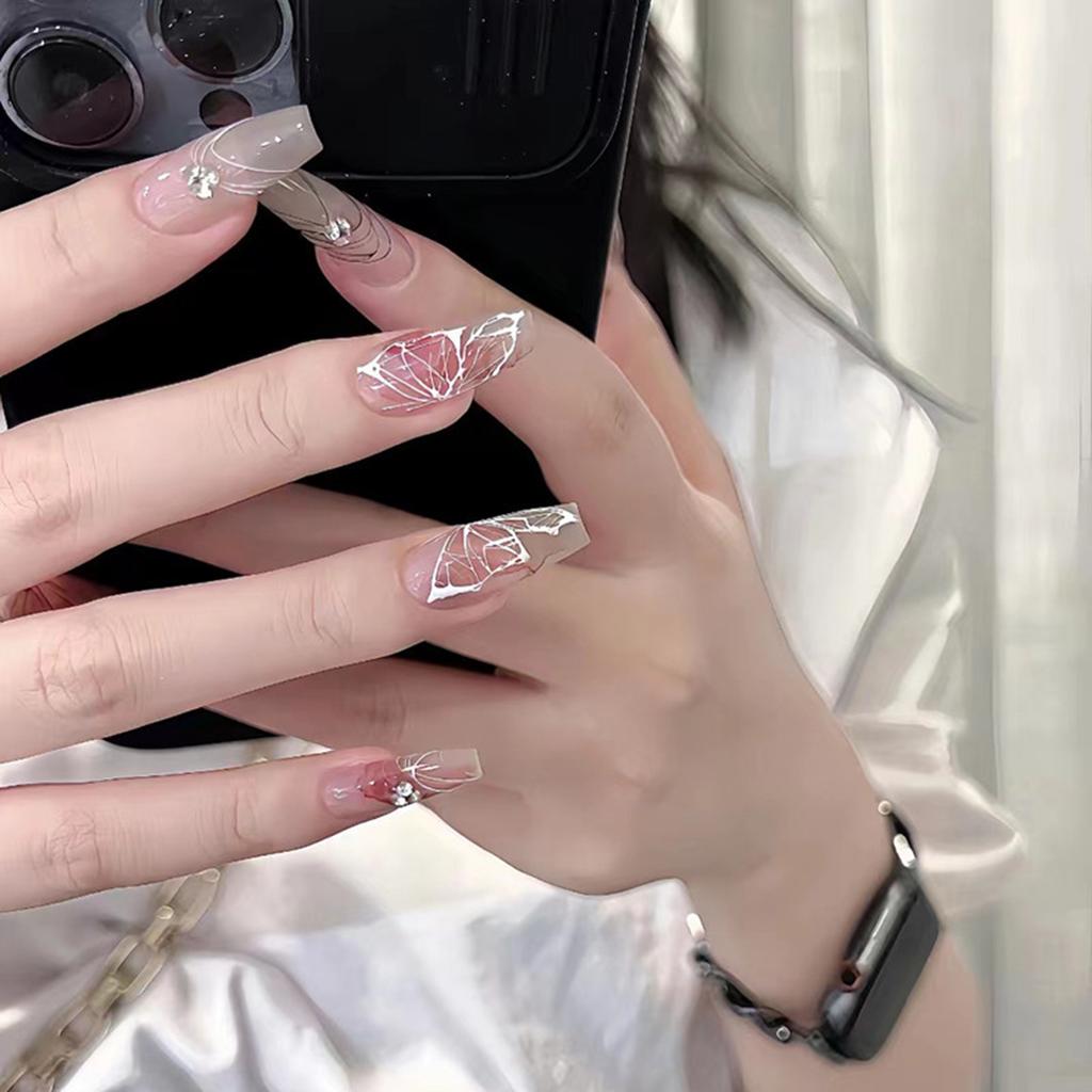 Coffin Fake Nail for Women Butterfly Design Temperament Artificial Nail for Beginners Nail Decoration Practice