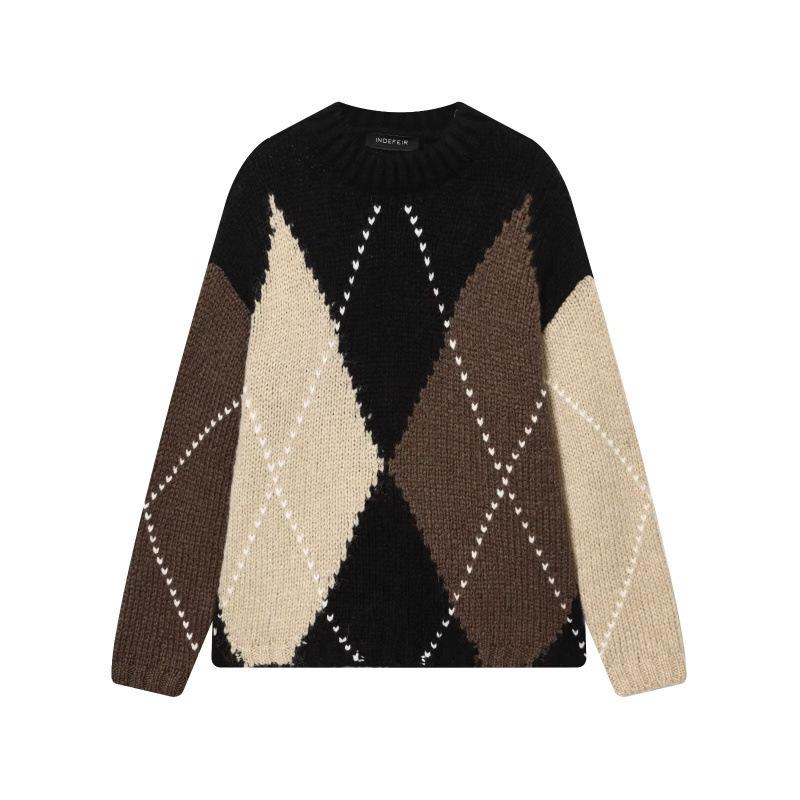 European Plaid Color Block Round Neck Sweater - Lazy Style