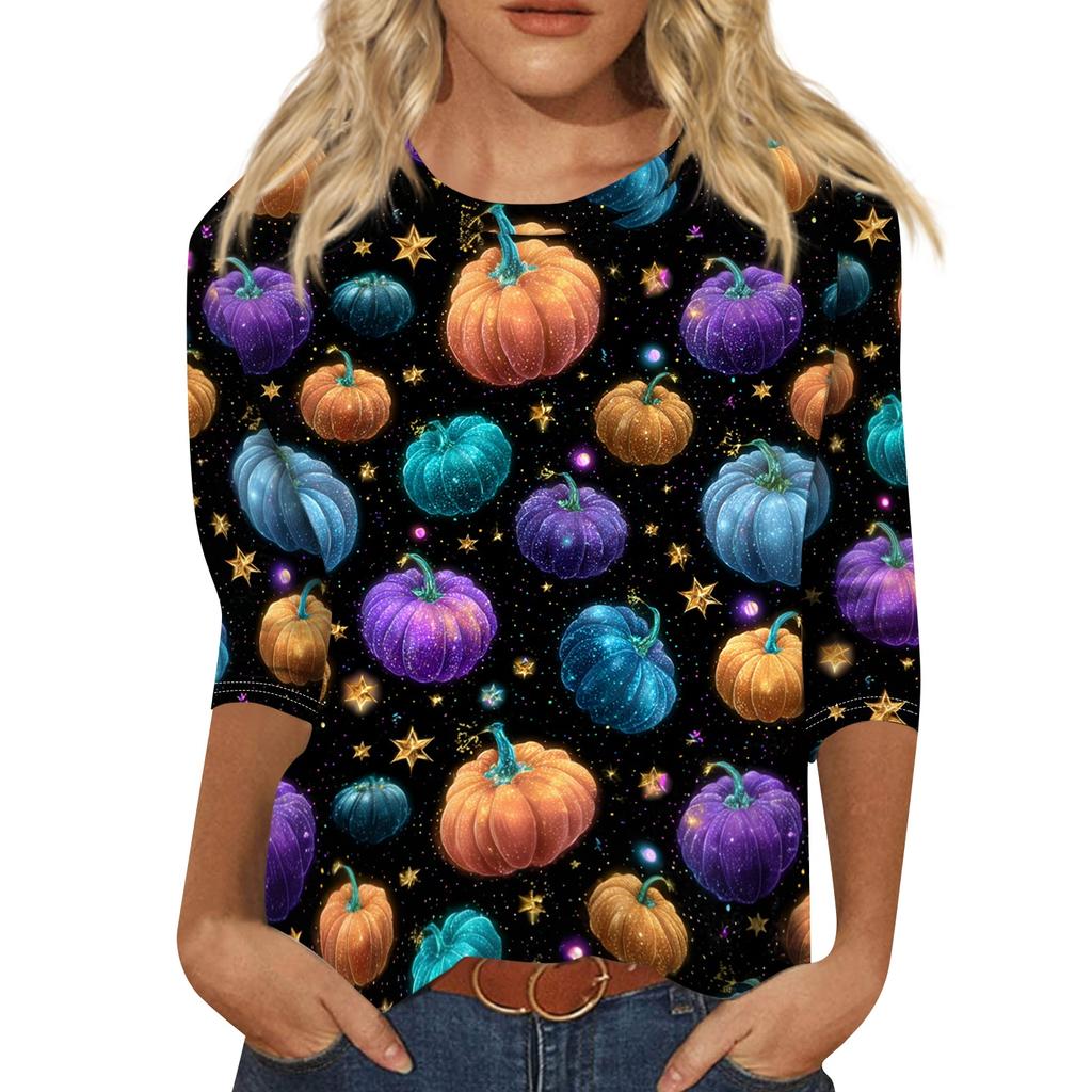 Women's Halloween Print Shirt 3/4 Sleeve Round Neck Loose Fit Casual Blouse Top Comfortable Everyday Wear