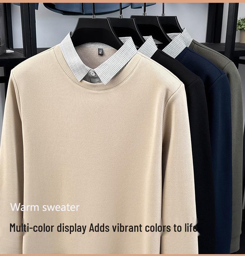 High-End Men's Faux Two-Piece Plus Velvet Sweater - Casual Business Layer