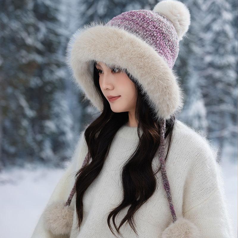 Ear Protection Knitted Thermal Hat Women's Autumn and Winter Piled Thickened Hairball Wool Colorful Hat