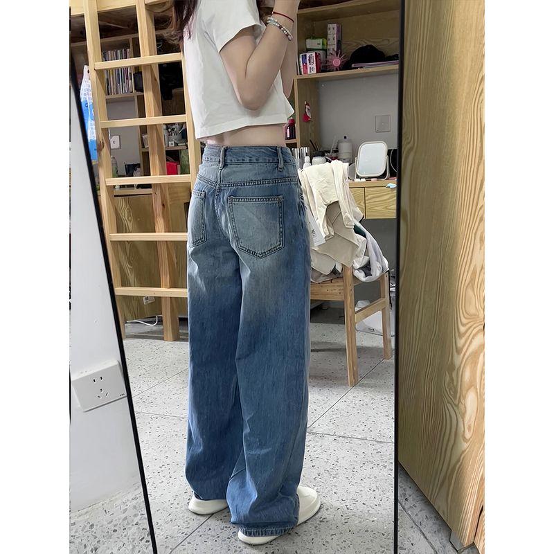Small Retro Crack Washed Blue Denim Women's Low Waist Slimming and Straight Loose Wide Leg Mop Pants Summer