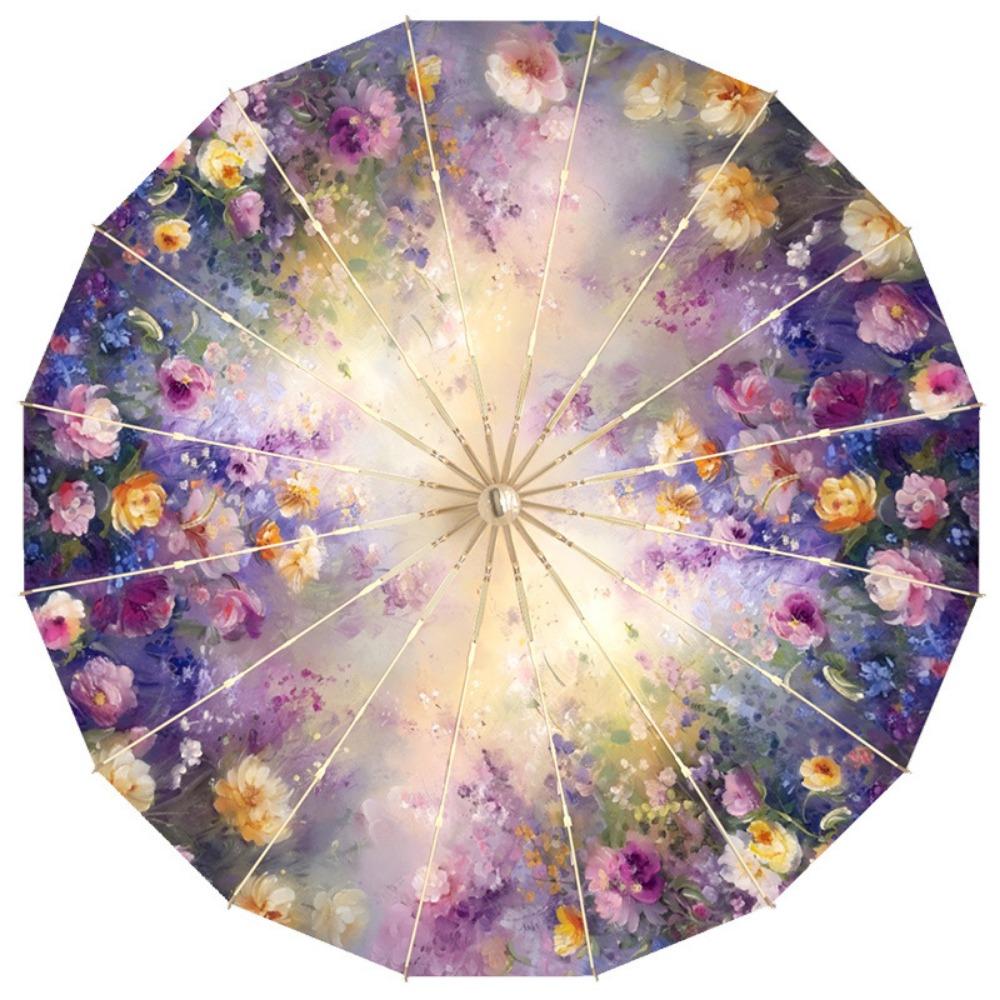Women Oil Painting Flowers 16 Ribs UV Protection Pongee Fabric Foldable Sun Rain Umbrella Color Coated