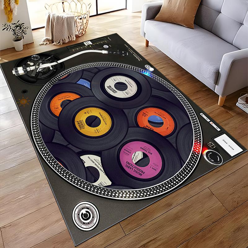 Turntable and Vinyl Records Music Theme Non-slip Rug Suitable for Living Room and Bedroom Sofas Sofas
