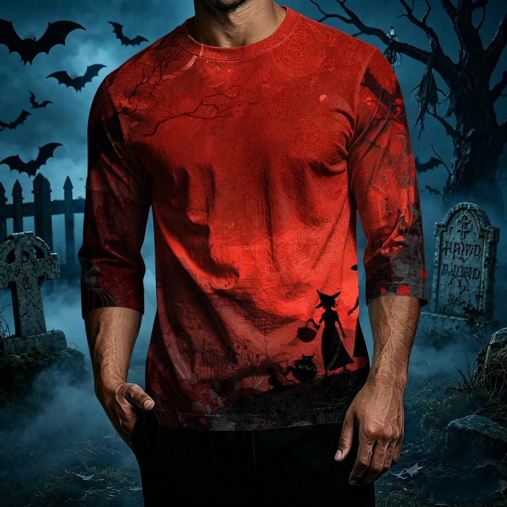 Men's Casual Halloween Graphic Crew Neck T Shirt Three Quarter Sleeve Top Lightweight Comfortable Fit