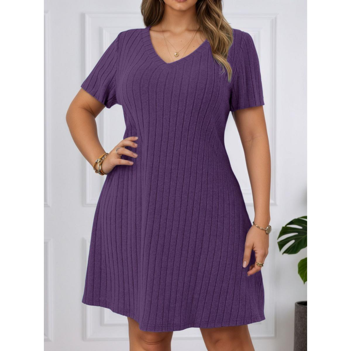 

Spring Summer New Solid Color Plus Size Women s V-Neck Ribbed Short Sleeve Pullover Dress 5XL фіолетовий