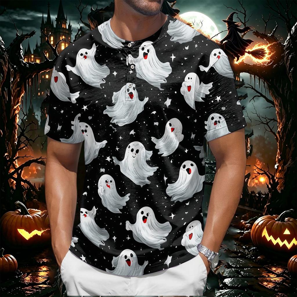 Men's Halloween Print Henley Short Sleeve Shirt Casual Lightweight Breathable Top with Button Front Design for Everyday Wear